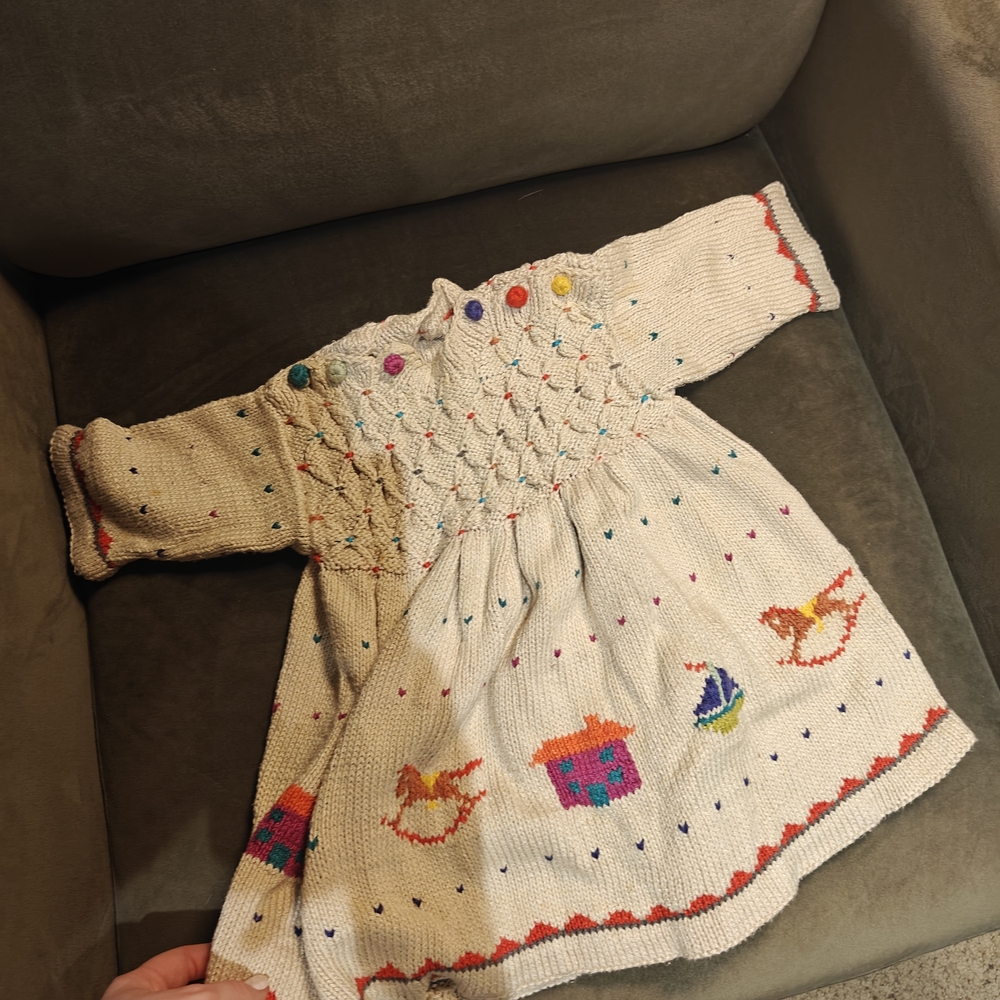 Handmade Vintage Knit Baby Dress with Embroidery